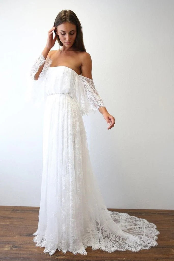 Beach Wedding Dresses Half Sleeve Off the Shoulder Lace Sexy Simple Boho Bride Gowns