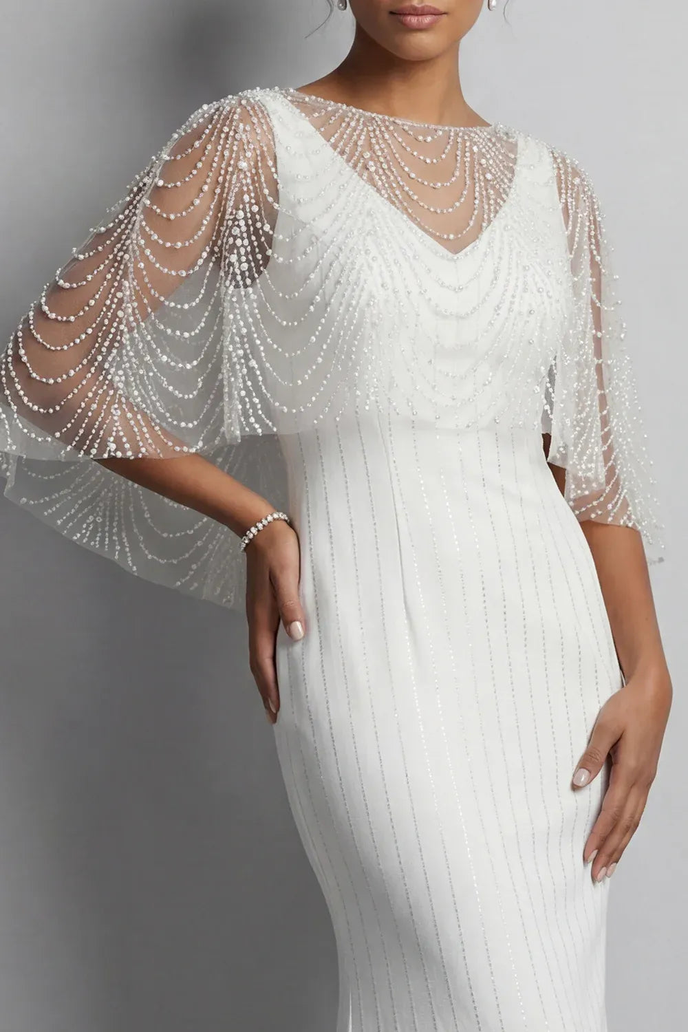 Vintage Beaded Capelet V-Neck Beaded Column Cap Sleeve Wedding Dress
