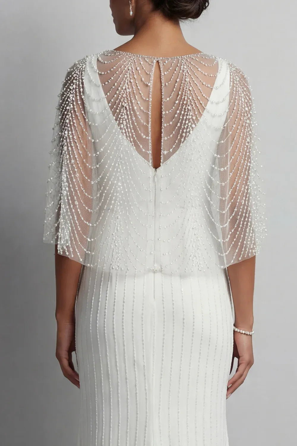 Vintage Beaded Capelet V-Neck Beaded Column Cap Sleeve Wedding Dress