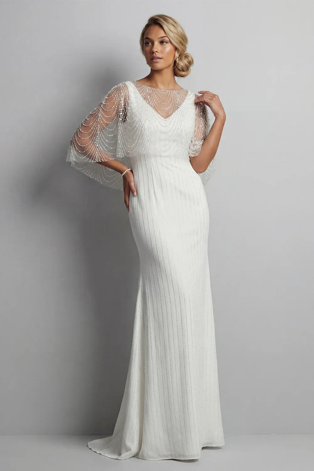 Vintage Beaded Capelet V-Neck Beaded Column Cap Sleeve Wedding Dress