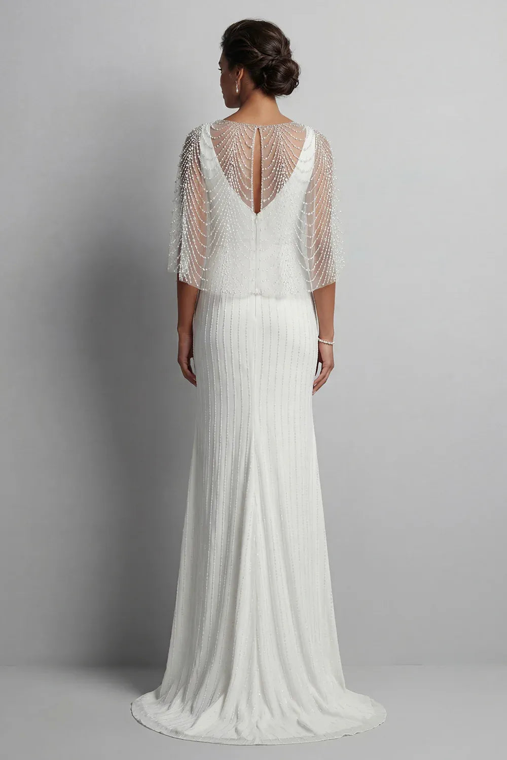Vintage Beaded Capelet V-Neck Beaded Column Cap Sleeve Wedding Dress