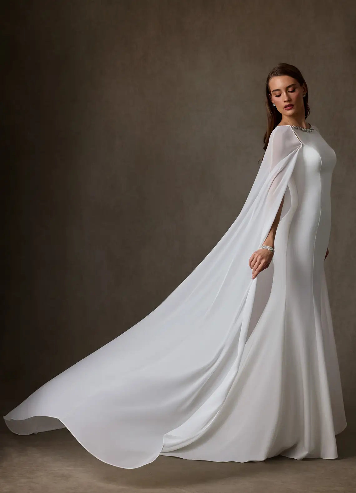 Beaded crew neckline with sparkling detail Beaded Neckline Crepe Mermaid Wedding Dress with Detachable Chiffon Cape