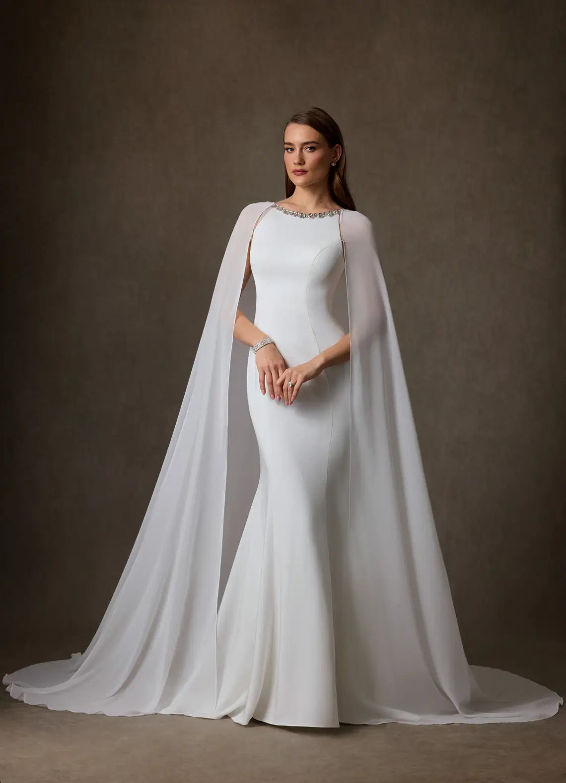Beaded crew neckline with sparkling detail Beaded Neckline Crepe Mermaid Wedding Dress with Detachable Chiffon Cape