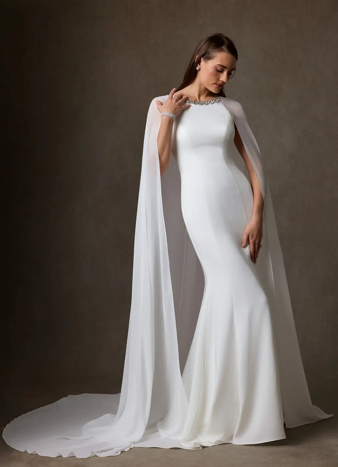 Beaded crew neckline with sparkling detail Beaded Neckline Crepe Mermaid Wedding Dress with Detachable Chiffon Cape