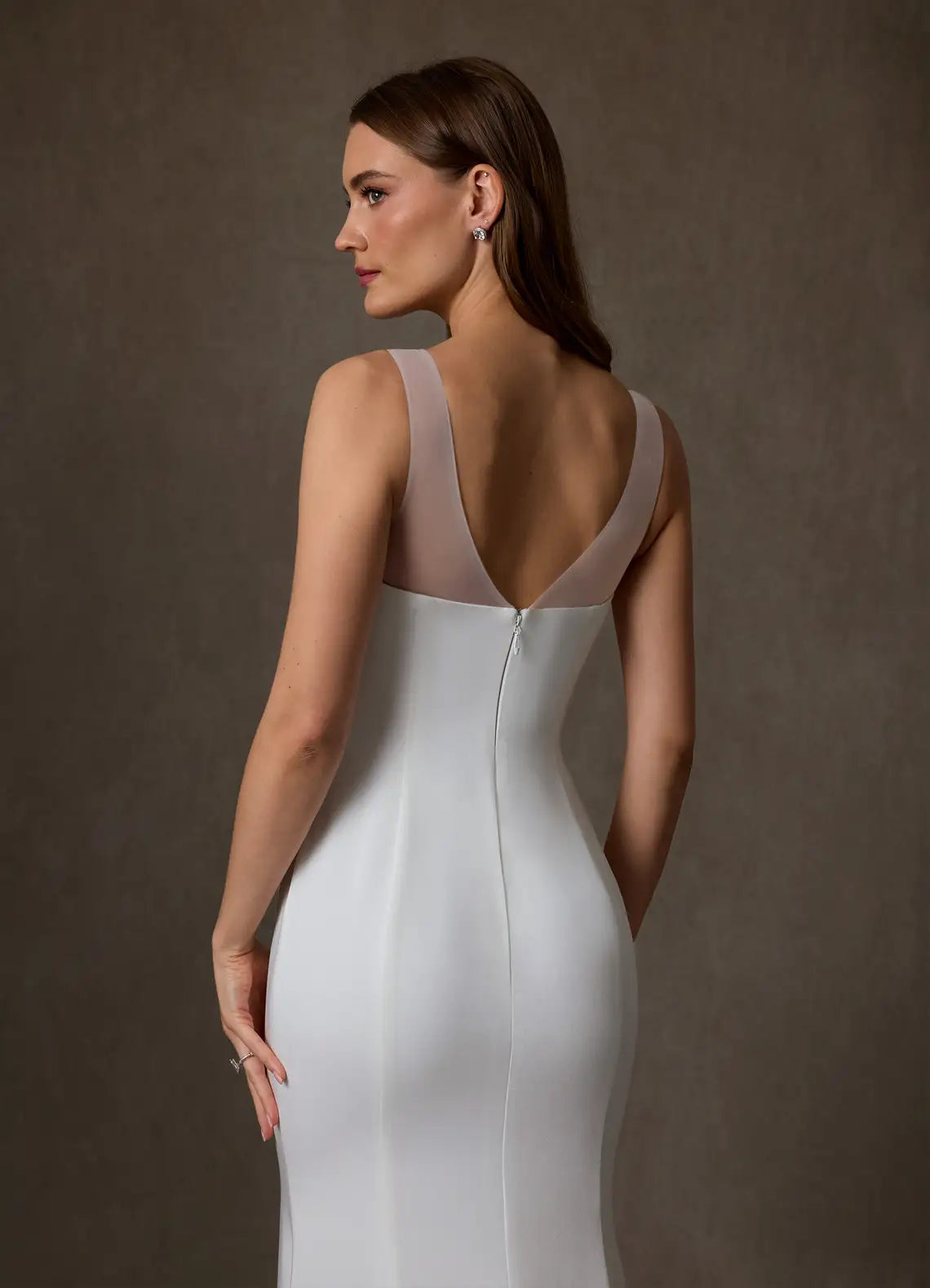 Beaded crew neckline with sparkling detail Beaded Neckline Crepe Mermaid Wedding Dress with Detachable Chiffon Cape