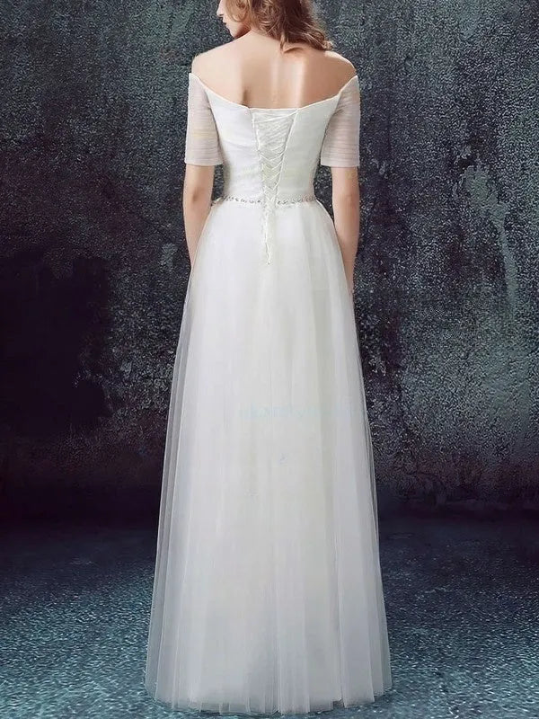 Beaded waistband detail Off-the-Shoulder Satin Tulle A-Line Wedding Dress with Short Sleeves