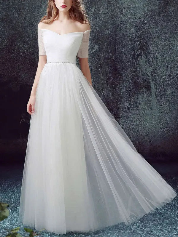Beaded waistband detail Off-the-Shoulder Satin Tulle A-Line Wedding Dress with Short Sleeves
