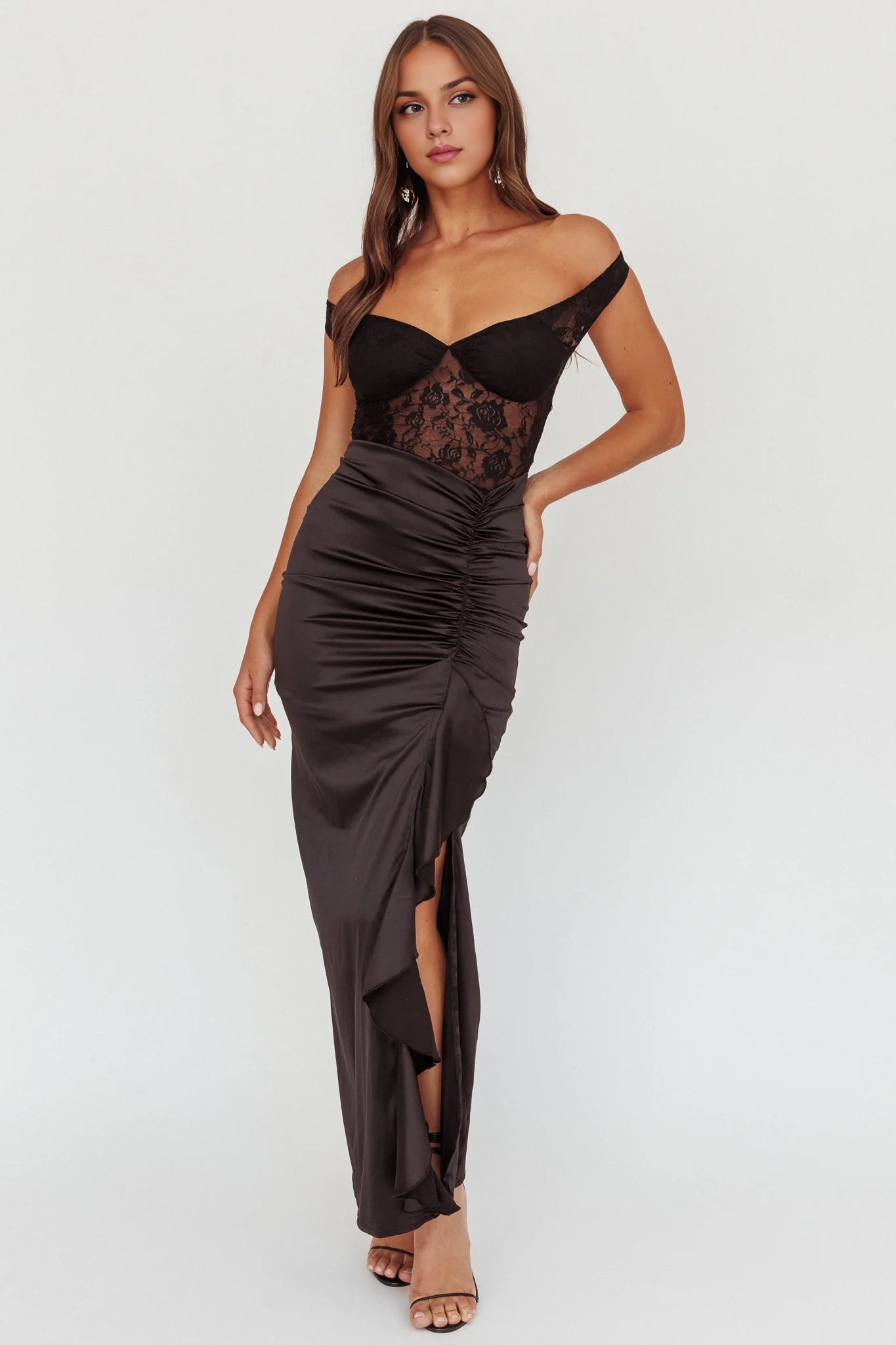 Beautiful lace corset with satin ruffled edges and thigh slit Homecoming Dresses