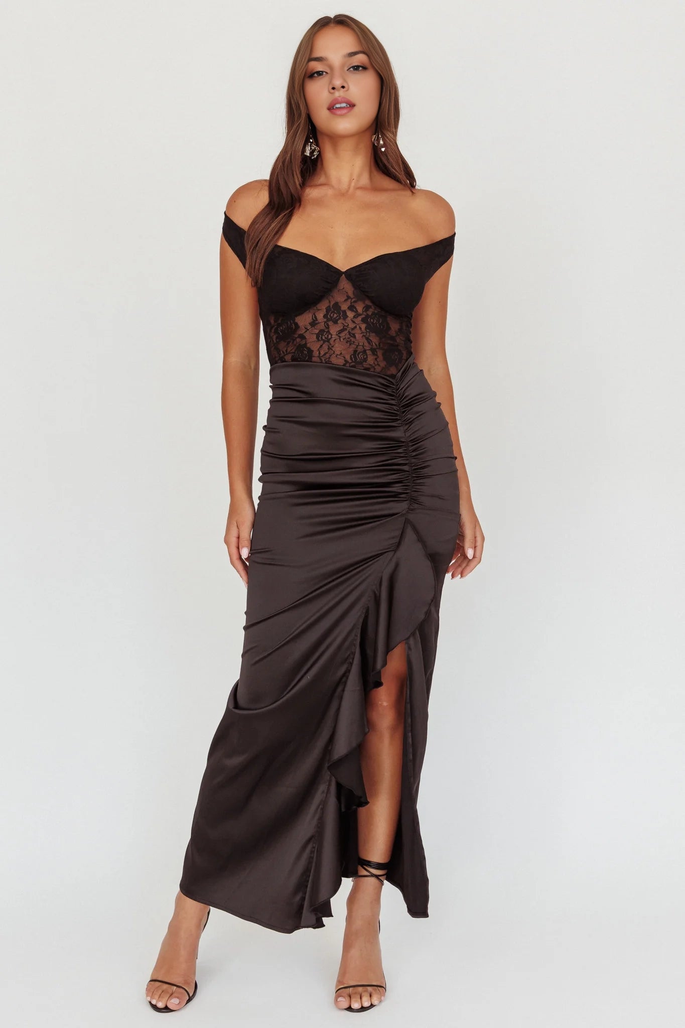 Beautiful lace corset with satin ruffled edges and thigh slit Homecoming Dresses