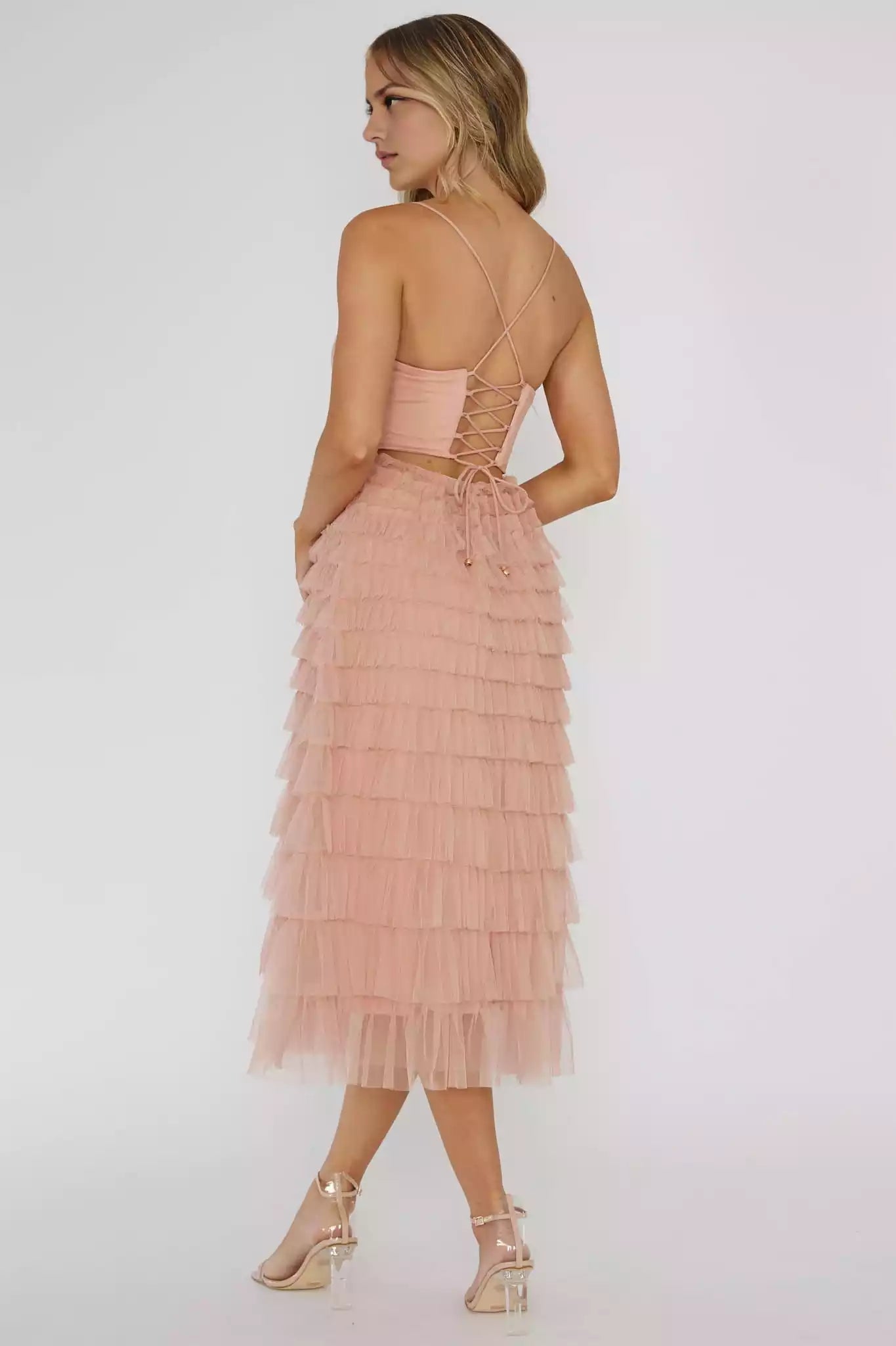 Beautiful mid length fully lined layered ruffle detail strap, with a zipper at the back of the back strap Prom Dresses