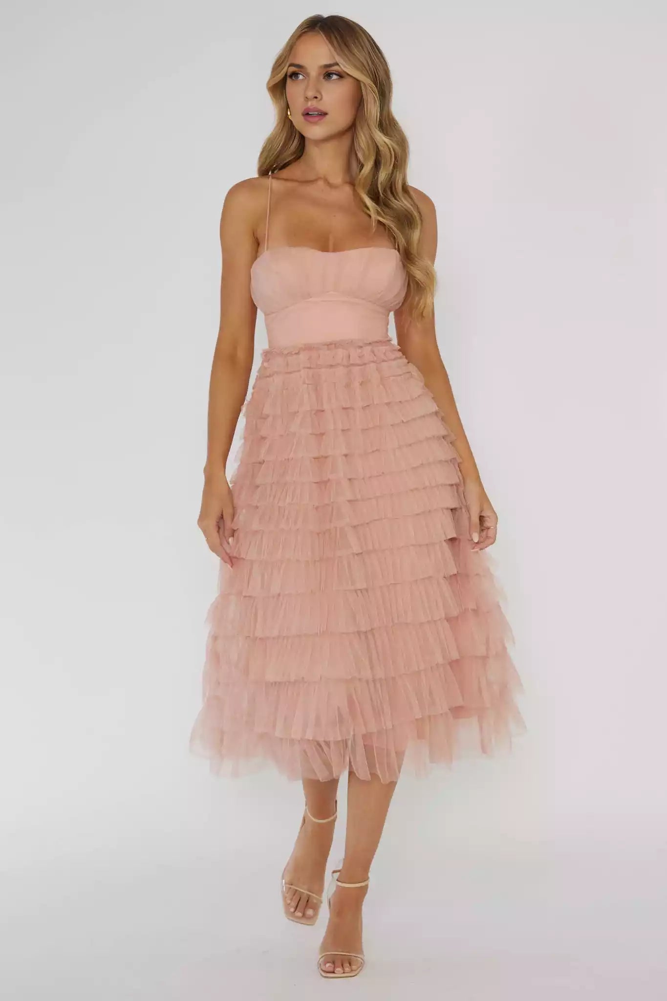 Beautiful mid length fully lined layered ruffle detail strap, with a zipper at the back of the back strap Prom Dresses