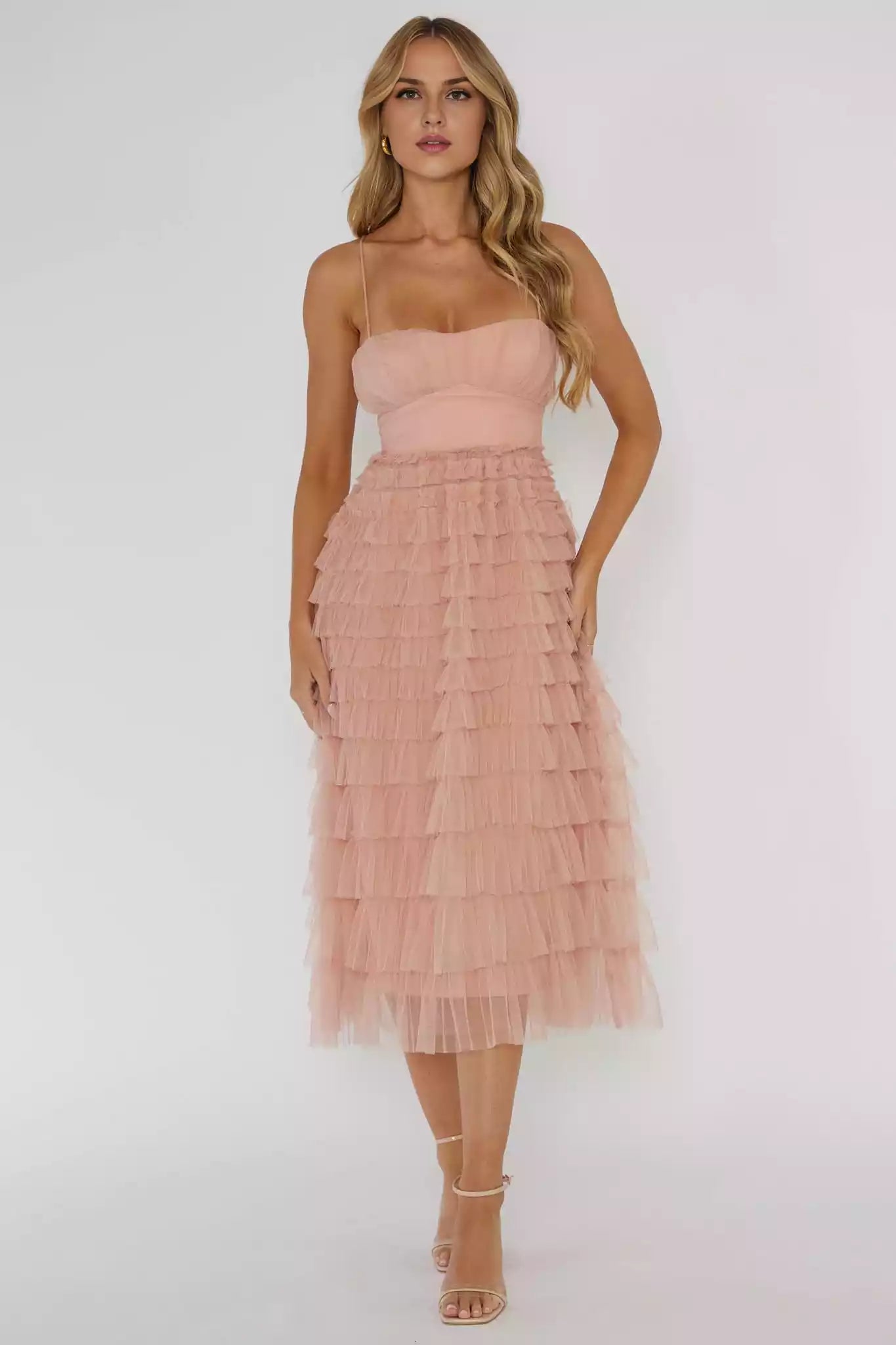 Beautiful mid length fully lined layered ruffle detail strap, with a zipper at the back of the back strap Prom Dresses