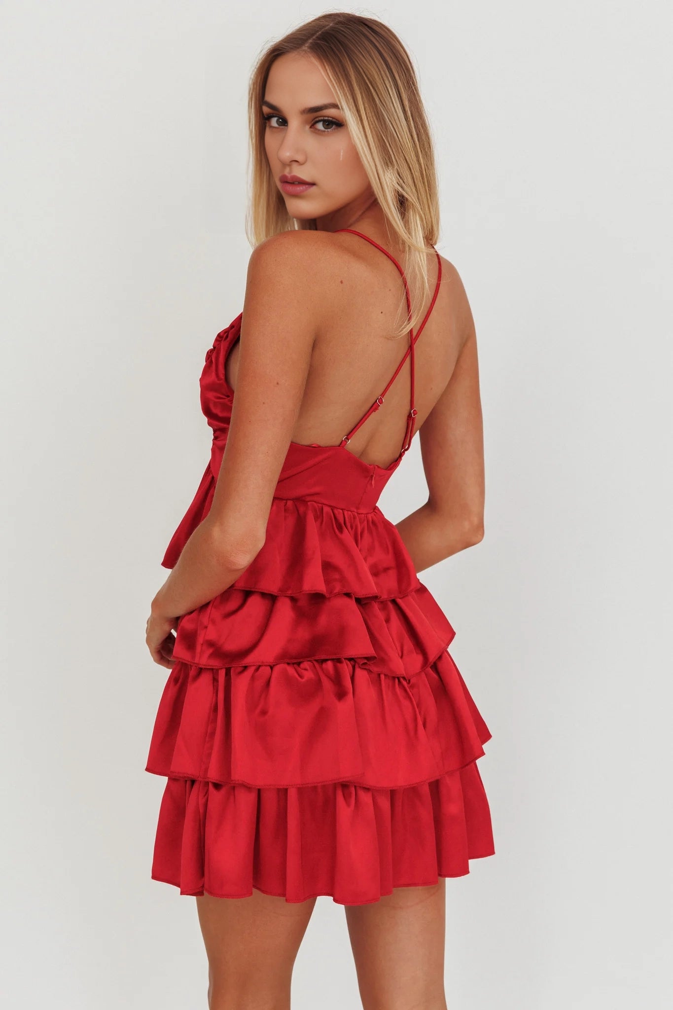 Beautiful mini adjustable cross thin shoulder straps with layered ruffle edges and invisible back zipper Homecoming Dresses