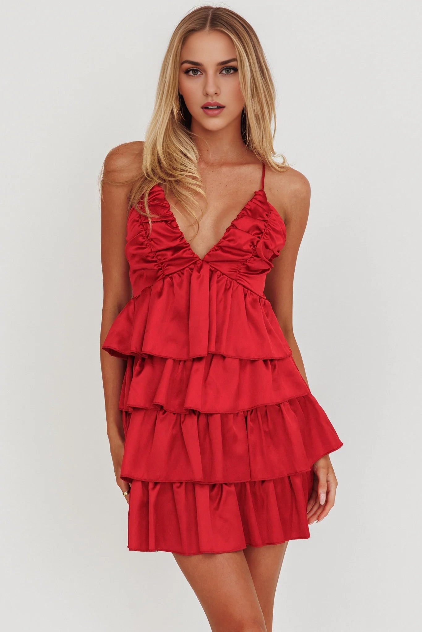 Beautiful mini adjustable cross thin shoulder straps with layered ruffle edges and invisible back zipper Homecoming Dresses