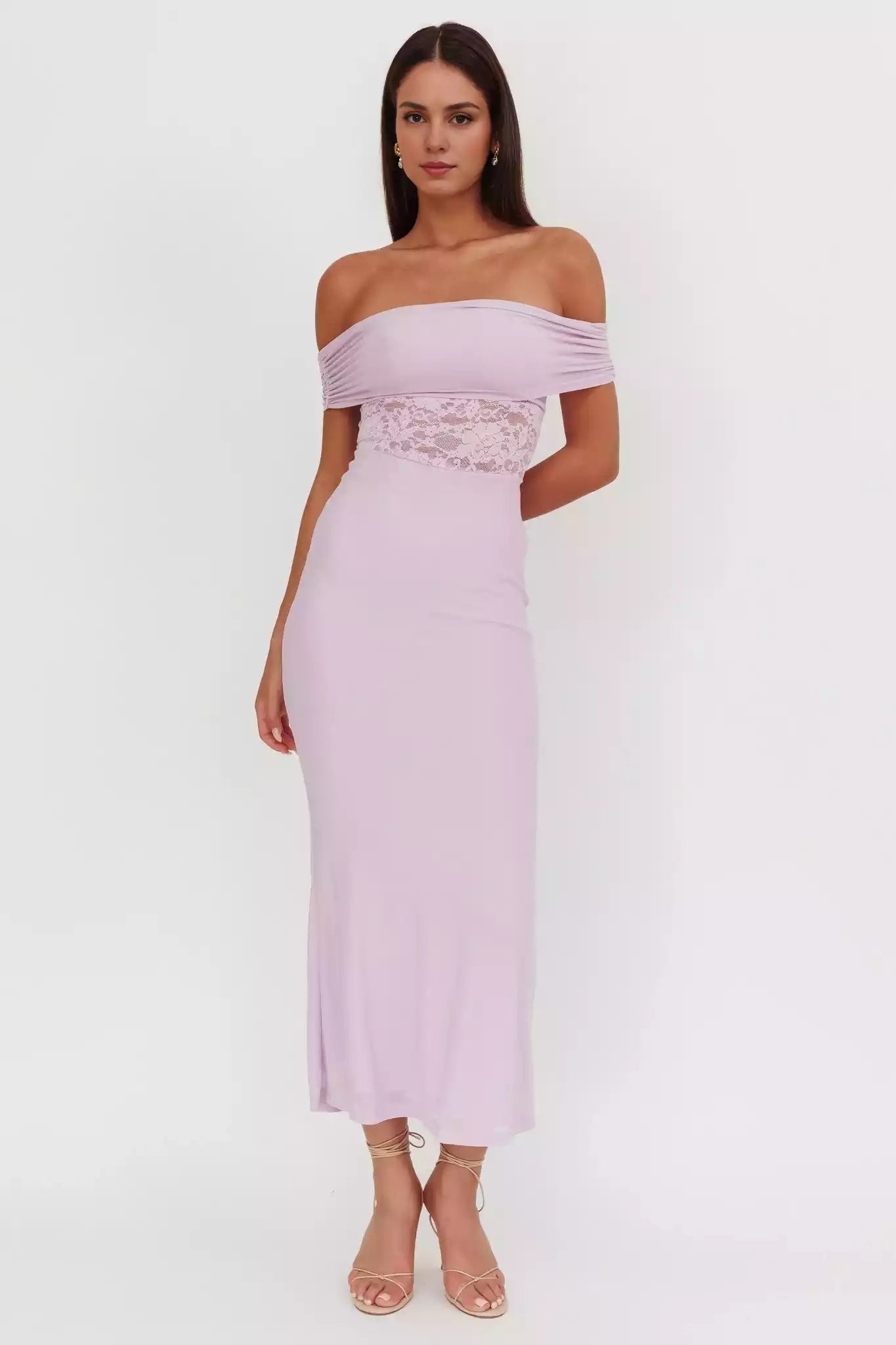 Beautiful off shoulder lace waist with zipper on the side Prom Dresses