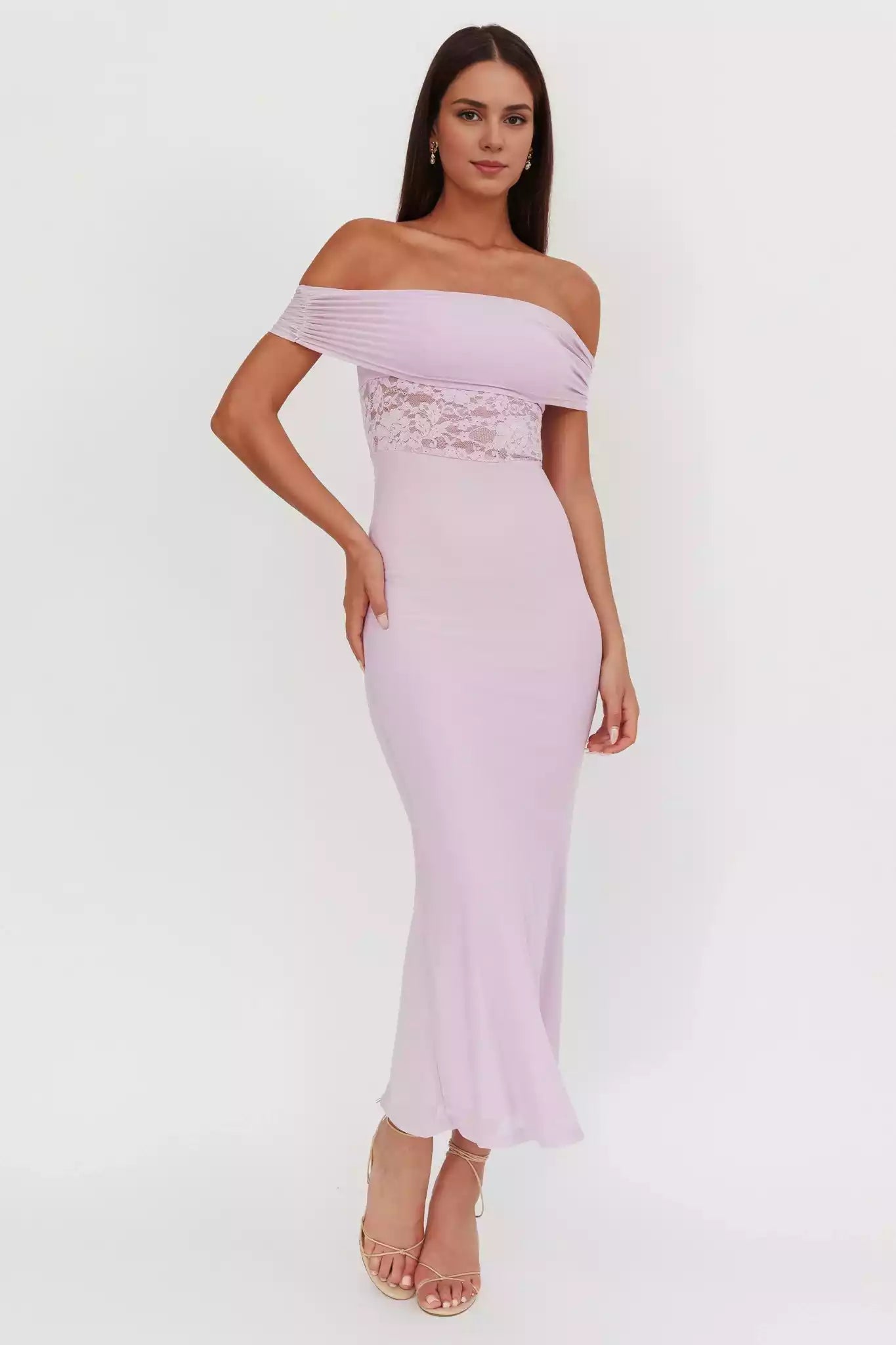 Beautiful off shoulder lace waist with zipper on the side Prom Dresses