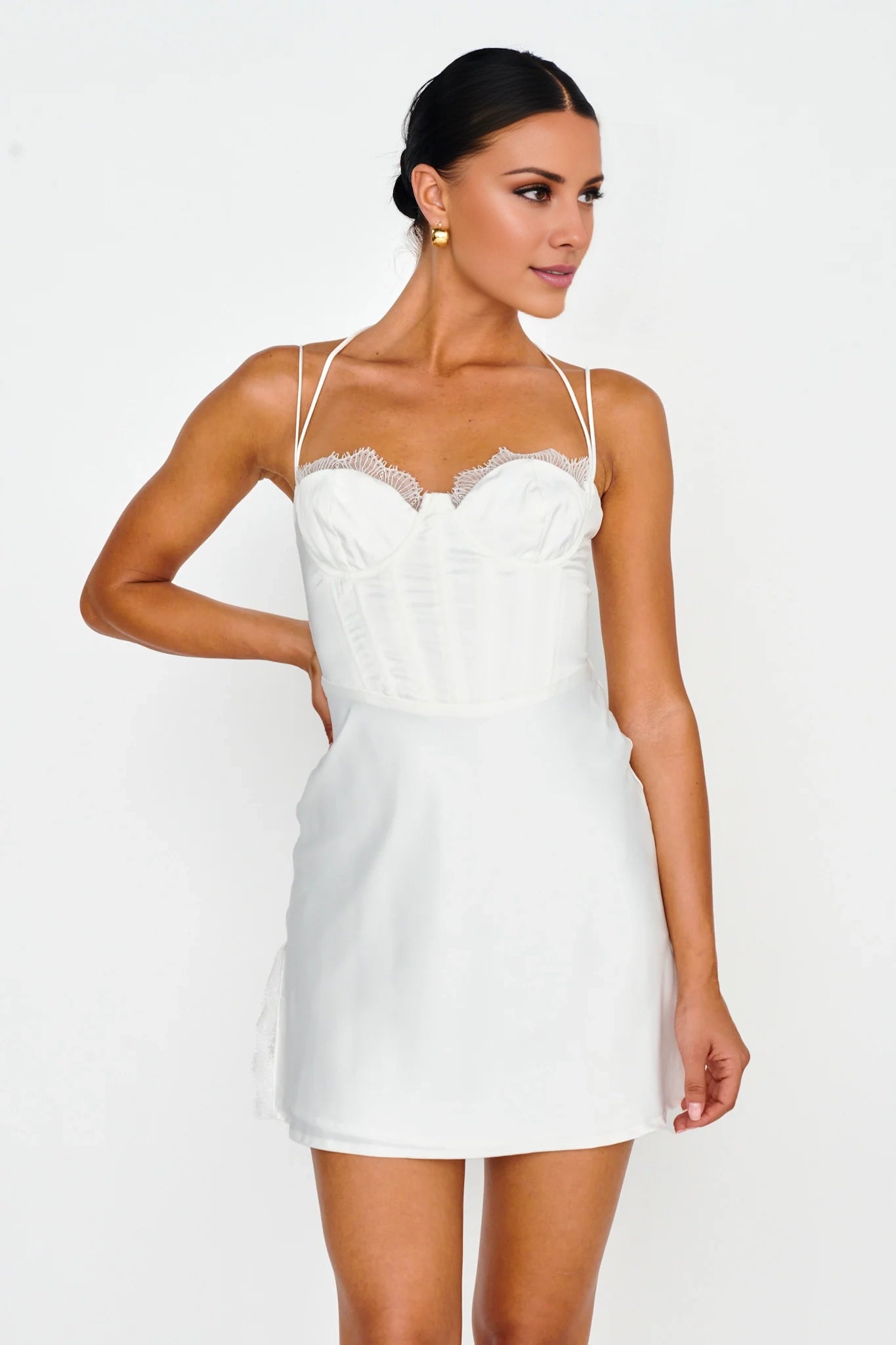 Beautiful satin mini adjustable shoulder straps, tight corset, neck tie, lace trim, back zipper, Homecoming Dresses