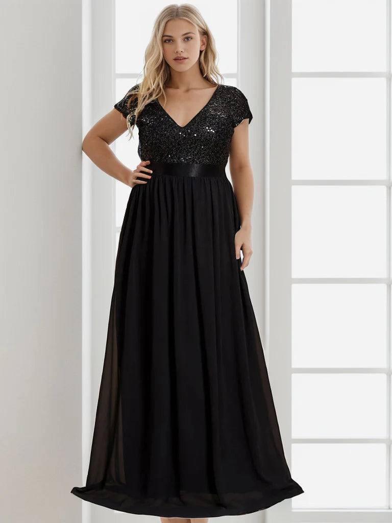 Plus Size Empire Waist V-Neck Cap Sleeve Chiffon Formal Evening Dress