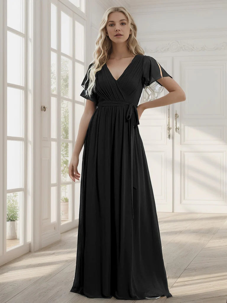 A-Line Pleated Chiffon Tie-Waist Evening Dress