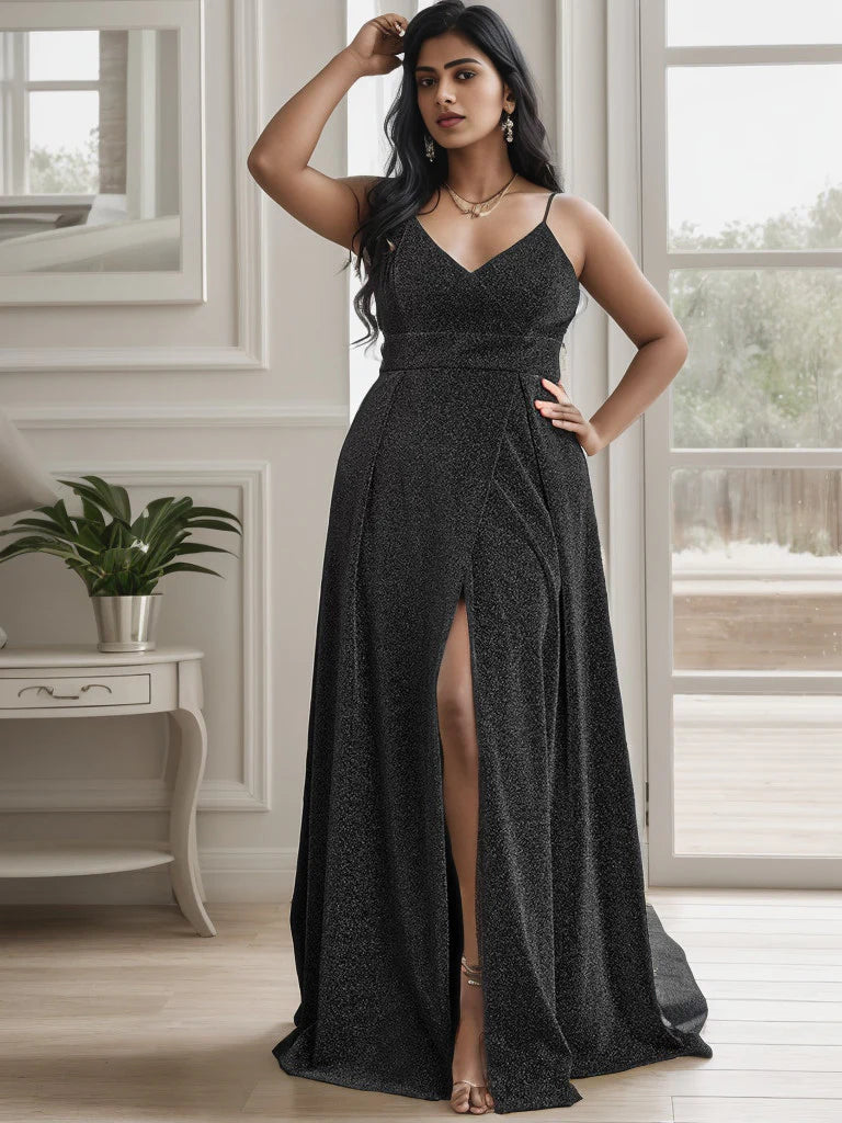 Plus Size Spaghetti Strap Shiny Formal Evening Dress for Wedding