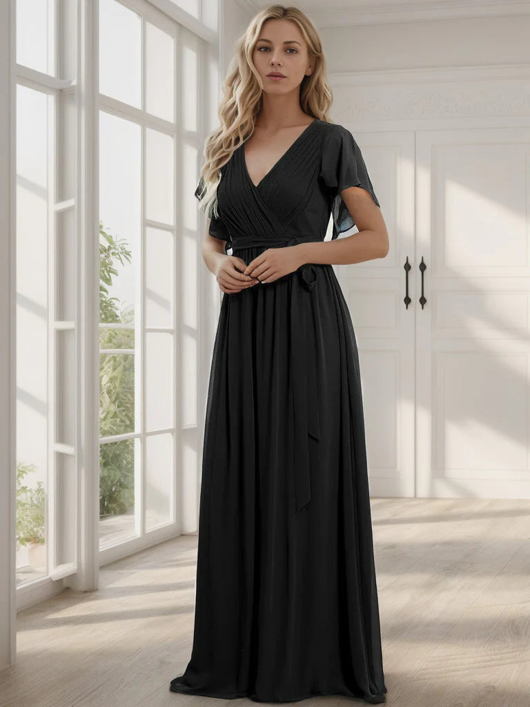 A-Line Pleated Chiffon Tie-Waist Evening Dress