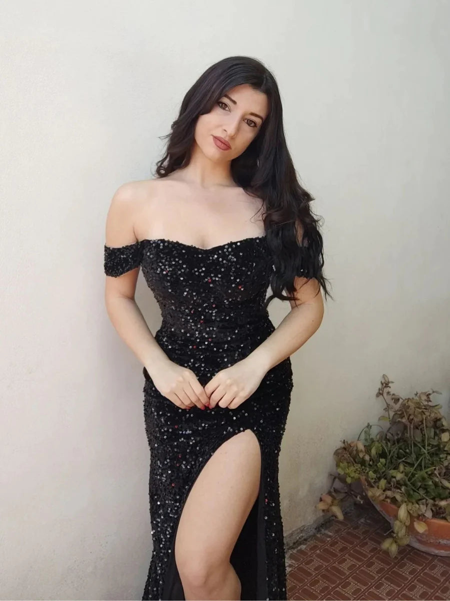 Mermaid Off The Shoulder Sweetheart Sequin Prom Dresses