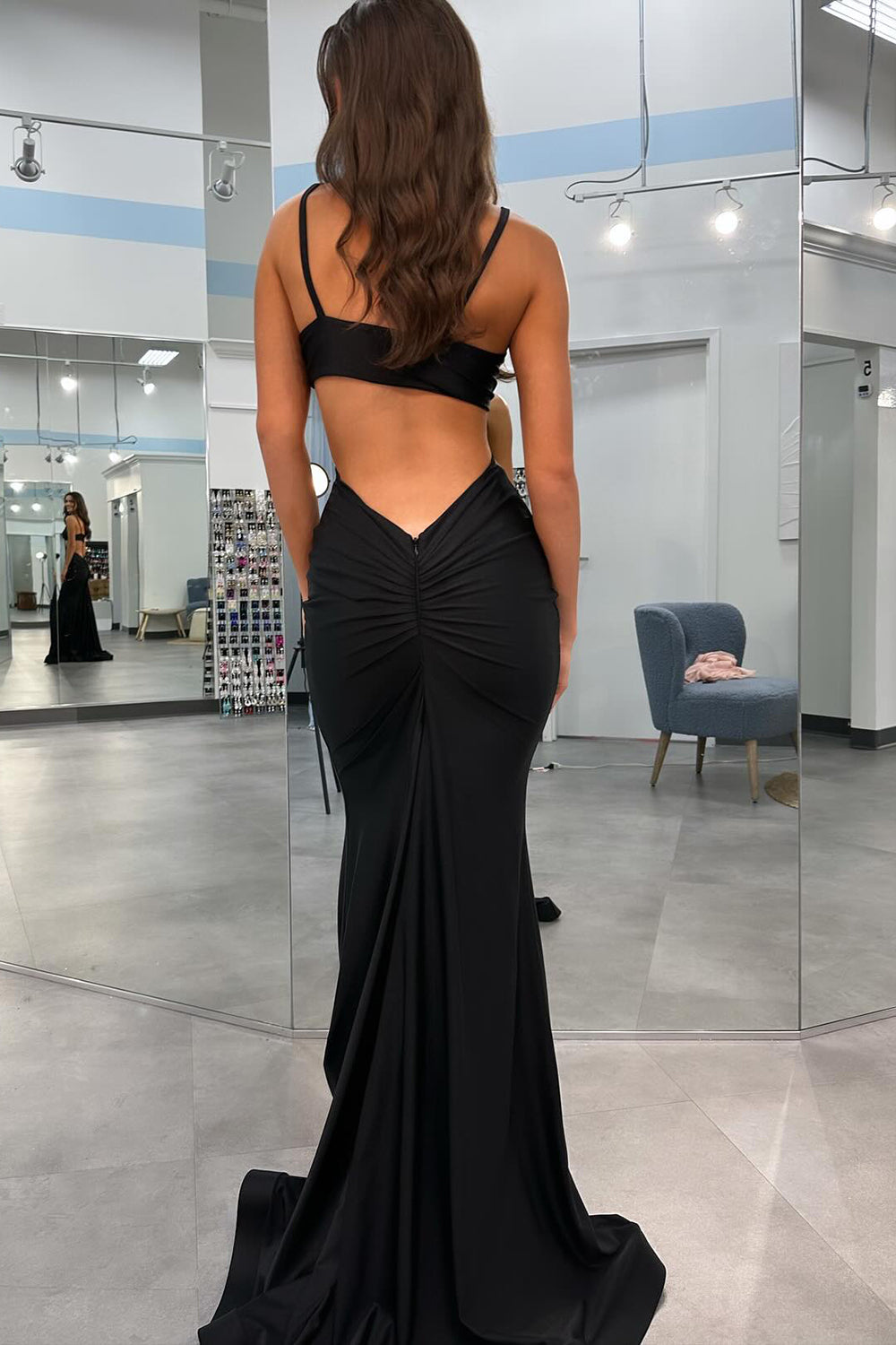 Spaghetti Straps Cutout Waist Long Mermaid Satin Prom Dress