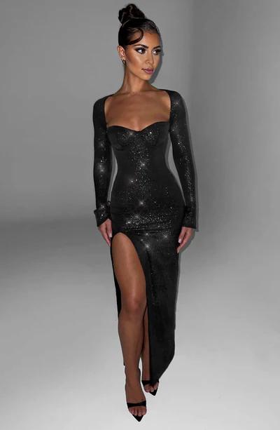 Backless Premium sparkle mesh fabric sleeves that flare gently at sleeve Front fork long Prom Dress