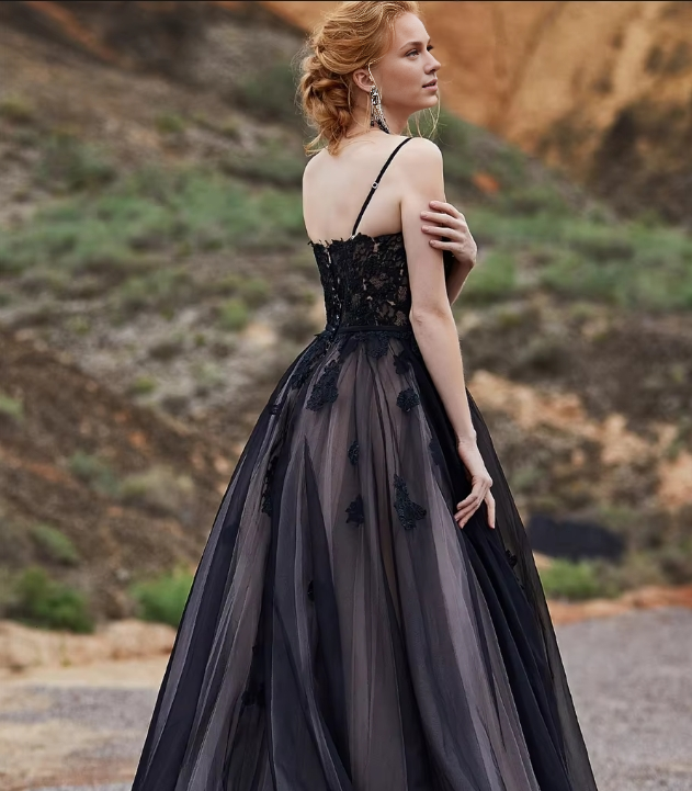 Black Prom Dress with Color Lace Applique A-line Bridal Dress vestido de fiesta largos de gala