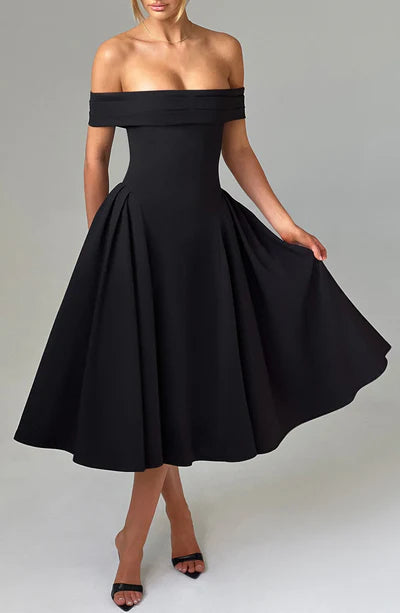 A-Line Off-the-Shoulder Bardot neckline with pleat detail Midi length Prom Dress ﻿