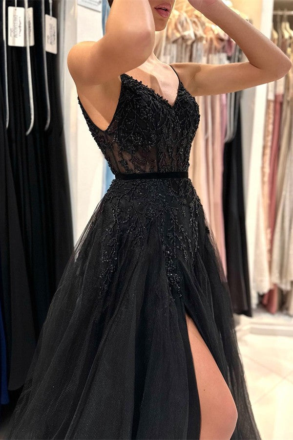 Black Long V-neck Spaghetti Straps A-Line Tulle Prom Dress with Slit