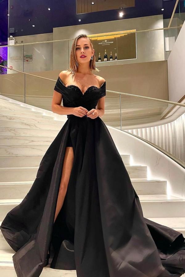 Long A-Line Strapless Off the Shoulder Satin Prom Dress with Slit