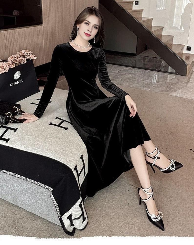 Holiday Velvet Dress for Women Velvet Long Sleeves Midi Dress Black Formal Dress