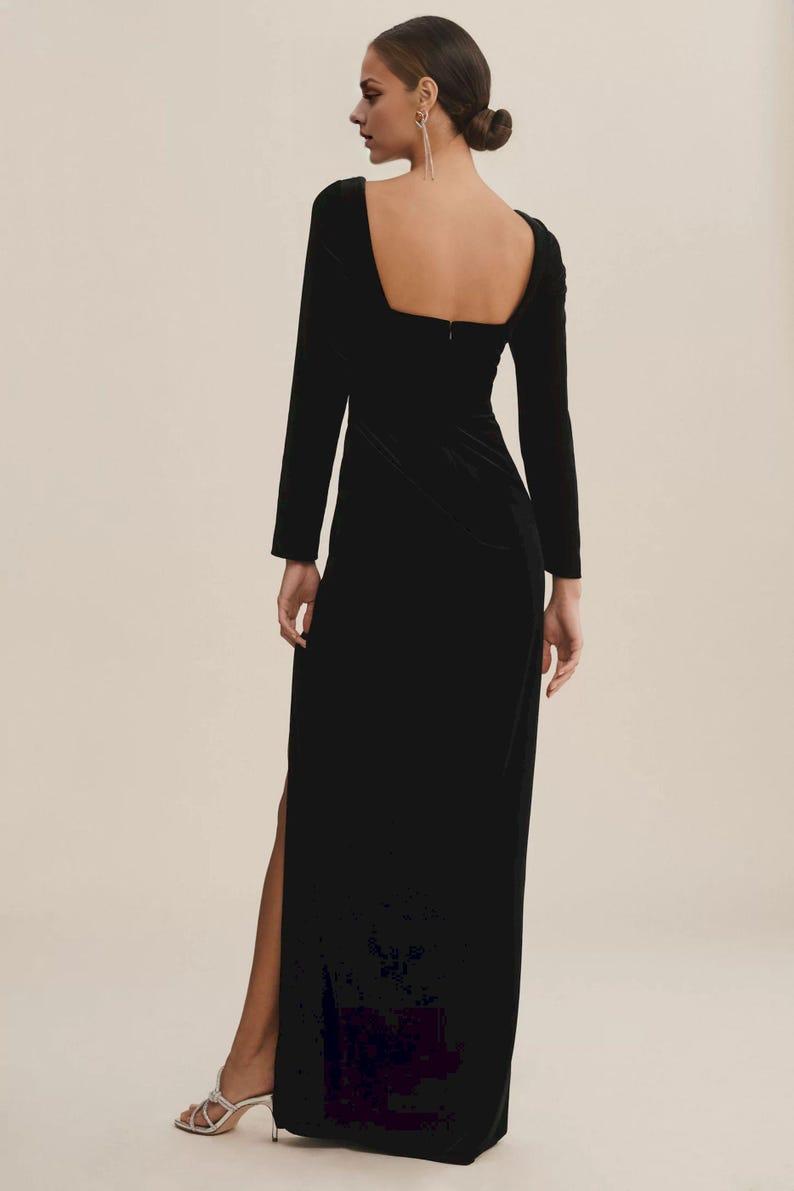 Square Neck Velvet Side-Slit Velvet Dress Long Sleeve Velvet Dress Black Christmas Velvet Dress Velvet Prom Dress