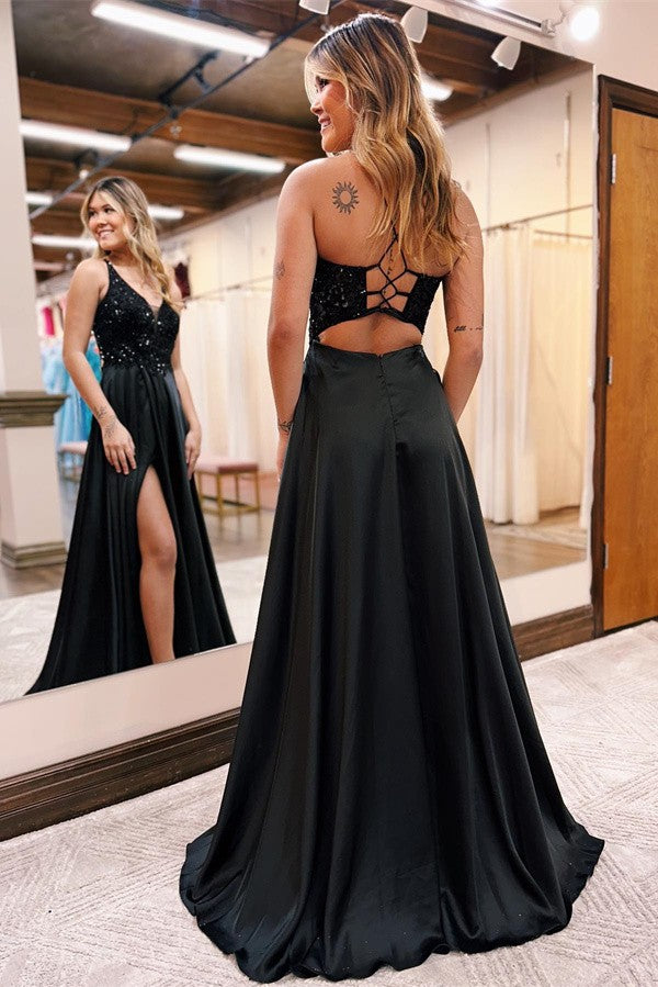 Black Long V-neck Straps A-Line Lace Satin Backless Prom Dress with Slit
