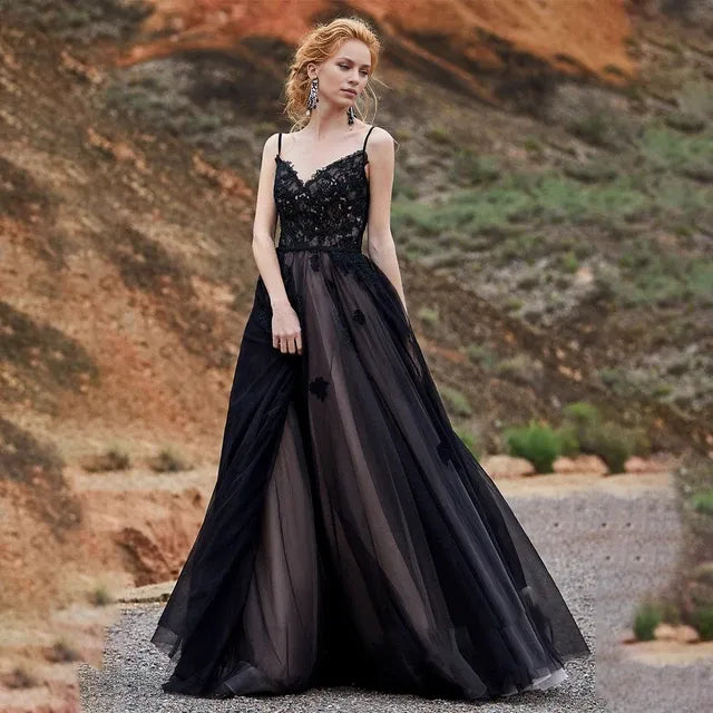 Black Prom Dress with Color Lace Applique A-line Bridal Dress vestido de fiesta largos de gala