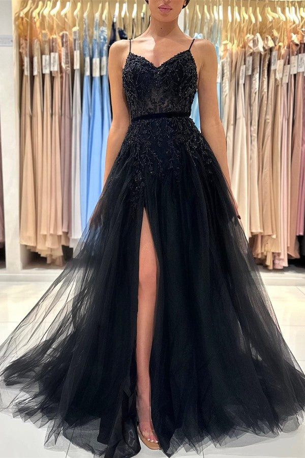 Black Long V-neck Spaghetti Straps A-Line Tulle Prom Dress with Slit