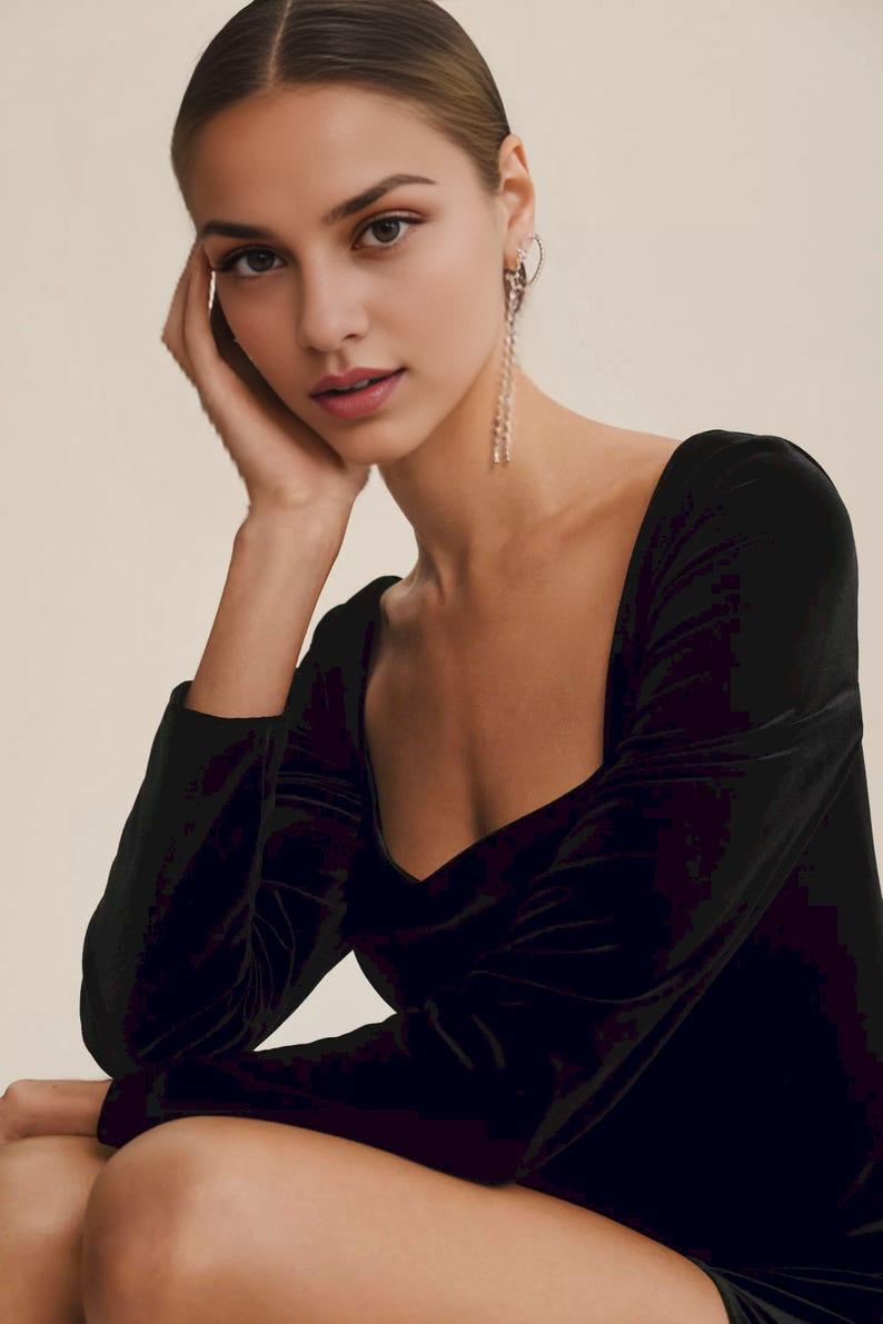 Square Neck Velvet Side-Slit Velvet Dress Long Sleeve Velvet Dress Black Christmas Velvet Dress Velvet Prom Dress