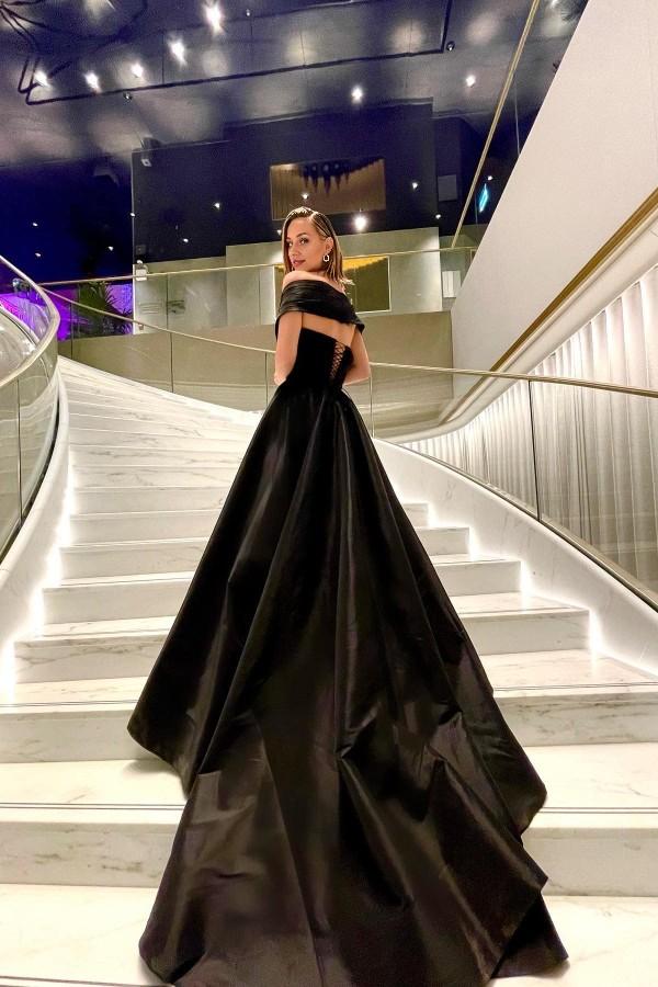 Long A-Line Strapless Off the Shoulder Satin Prom Dress with Slit