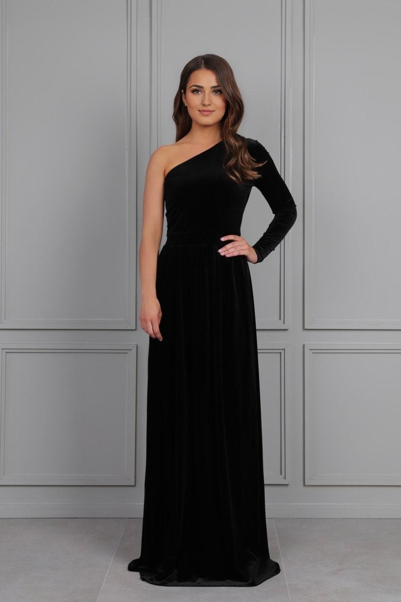 One Shoulder Dress Formal Dress Velvet Dress Prom Dress Slit Dress Black Maxi Dress Elegant Dress