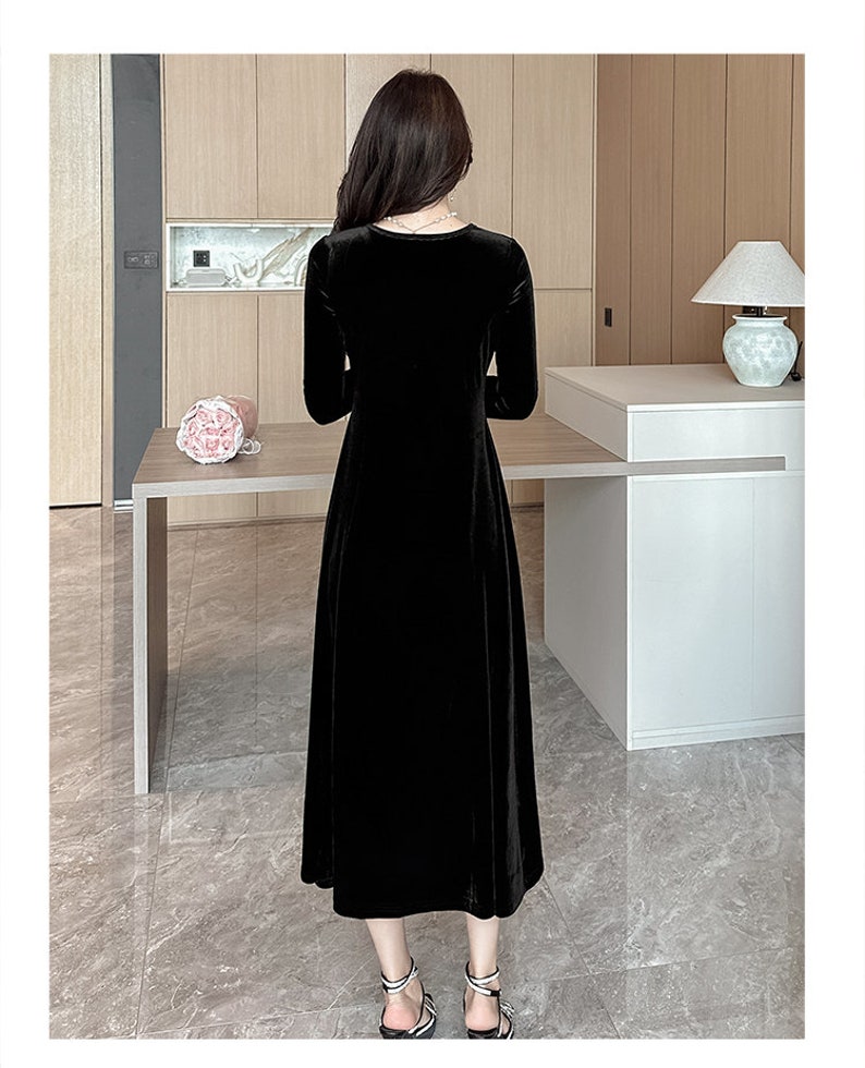 Holiday Velvet Dress for Women Velvet Long Sleeves Midi Dress Black Formal Dress