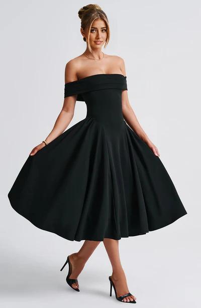 A-Line Off-the-Shoulder Bardot neckline with pleat detail Midi length Prom Dress ﻿