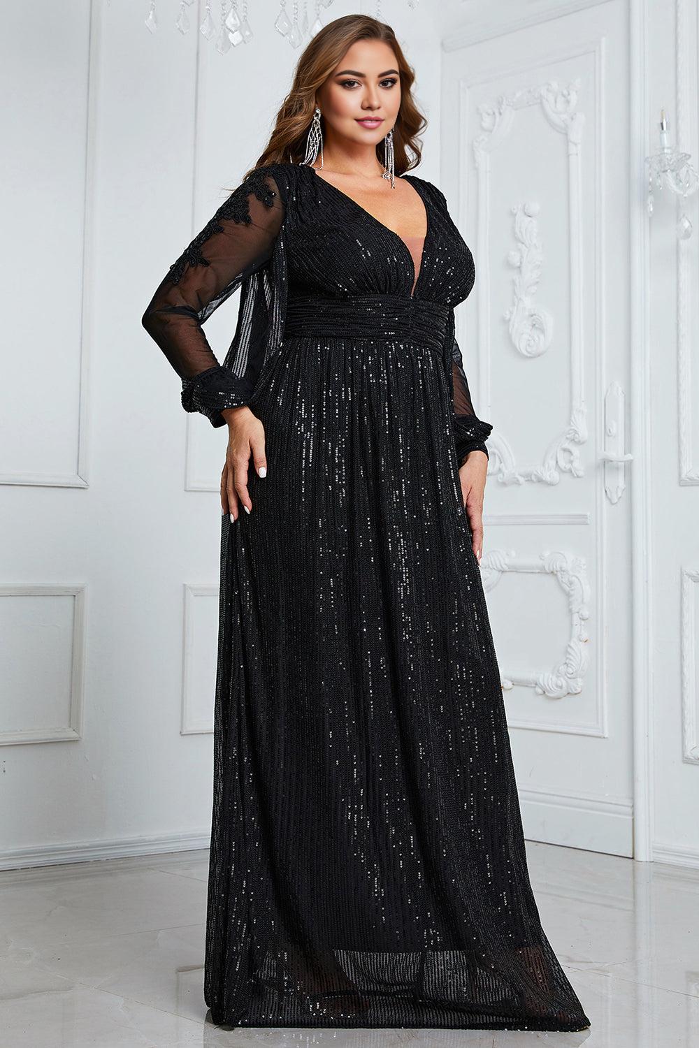 Black Plus Size Floor Length Mother of the Bride Dresses With Long Sleeves