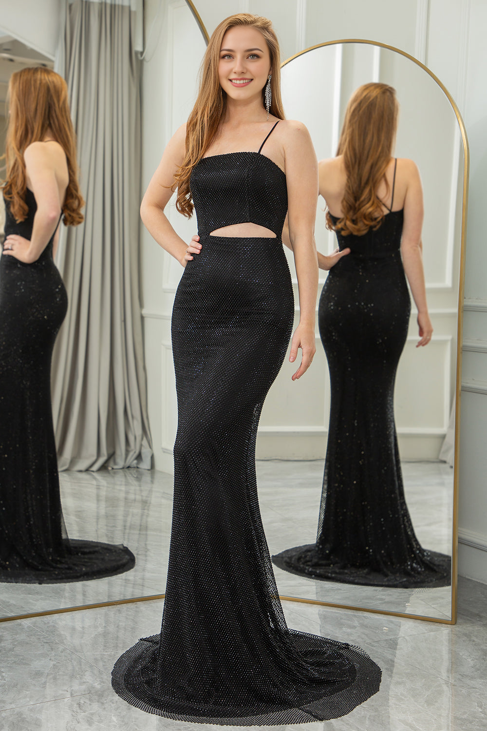 Black Spaghetti Straps Mermaid Cut Out Long Prom Dress
