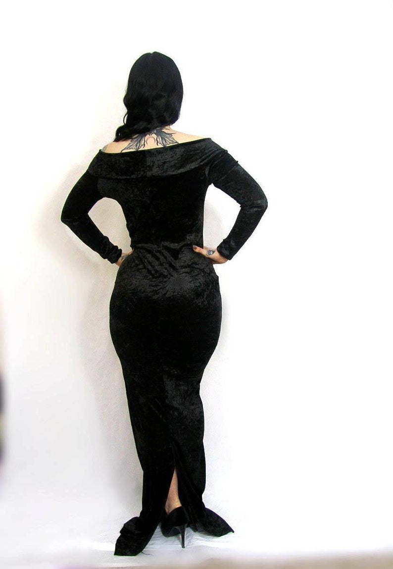 Off-the-shoulder floor length evening gown costume Black crushed Velvet made to Measure