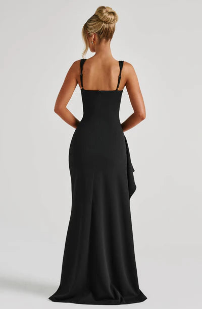Black Shoulder Strap Style Ruffled Front Slit Long Ball Gown