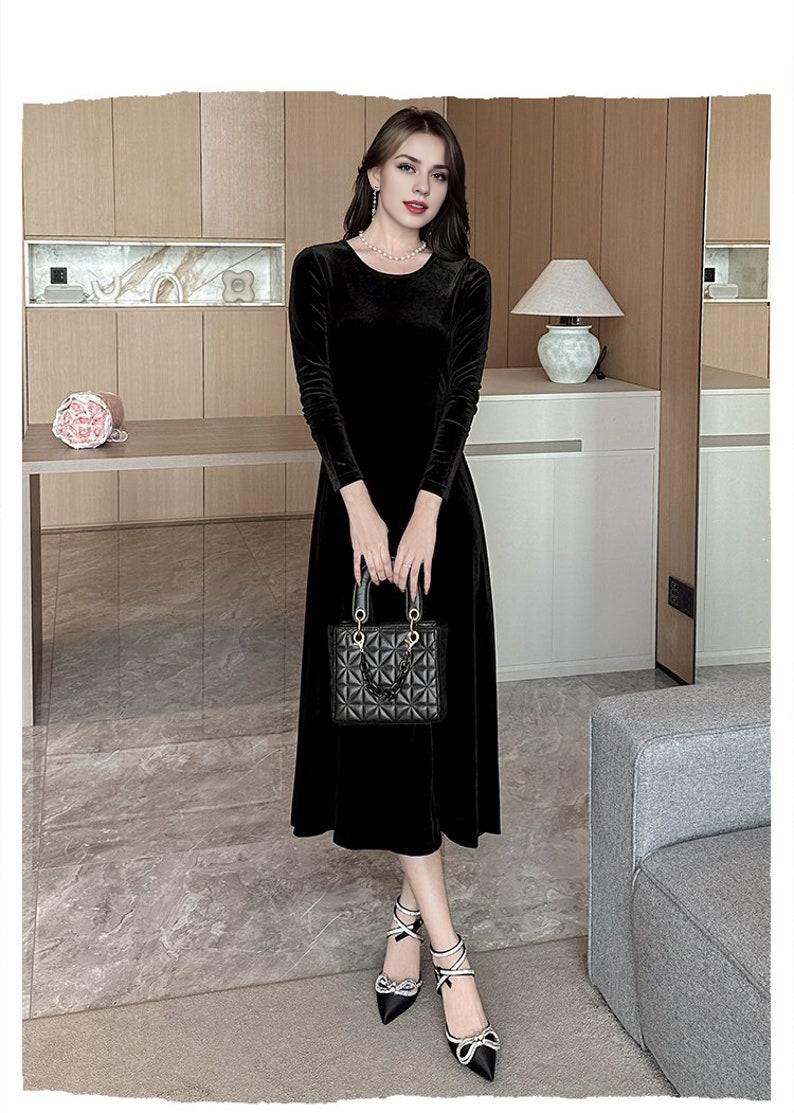Holiday Velvet Dress for Women Velvet Long Sleeves Midi Dress Black Formal Dress