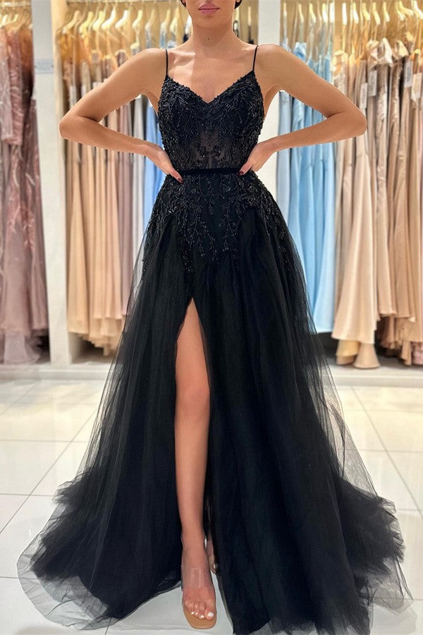 Black Long V-neck Spaghetti Straps A-Line Tulle Prom Dress with Slit