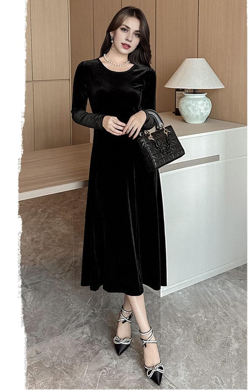Holiday Velvet Dress for Women Velvet Long Sleeves Midi Dress Black Formal Dress