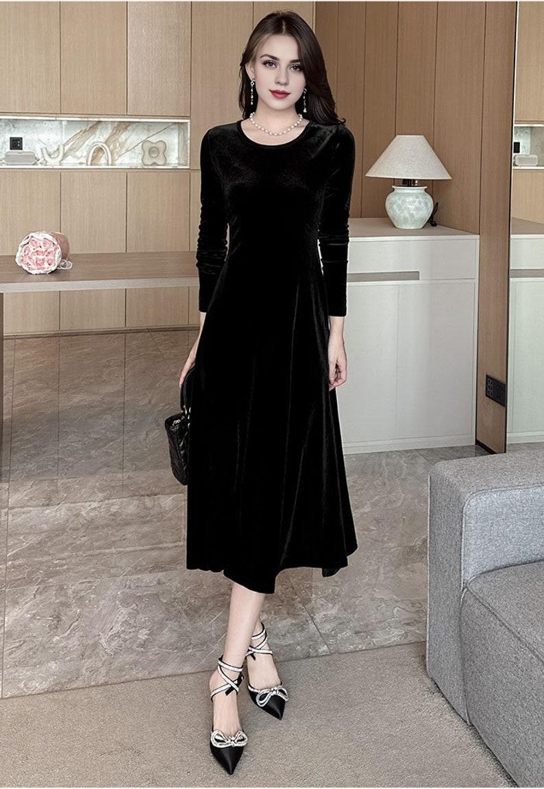 Holiday Velvet Dress for Women Velvet Long Sleeves Midi Dress Black Formal Dress